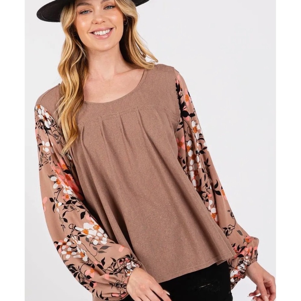 Sage + Fig Floral Contrast Top Womens Medium Brown New With Tags